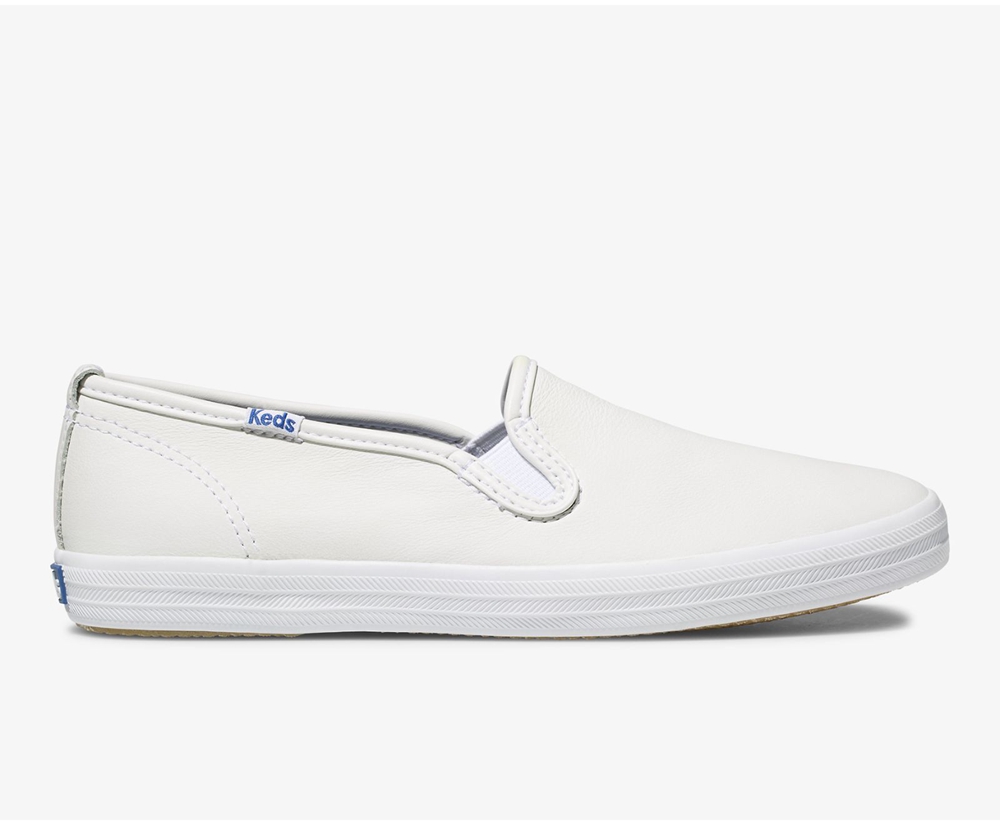 Slip On Γυναικεια - Keds Champion Slip On Δερματινα - Λευκα - GFAZU7081